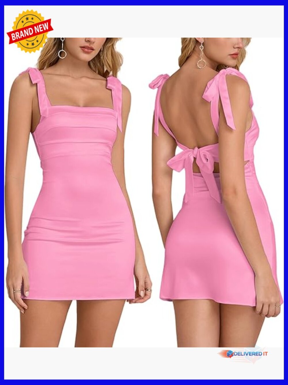 Satin Mini Dress with Bow Back, Square Neck, Bodycon Fit for Night Out